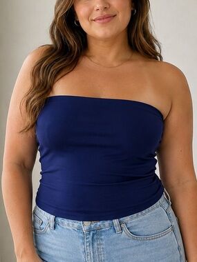 Aerie Navy Strapless Tube Top Size XL Stretch Bandeau Navy Blue Built in Bra NWT